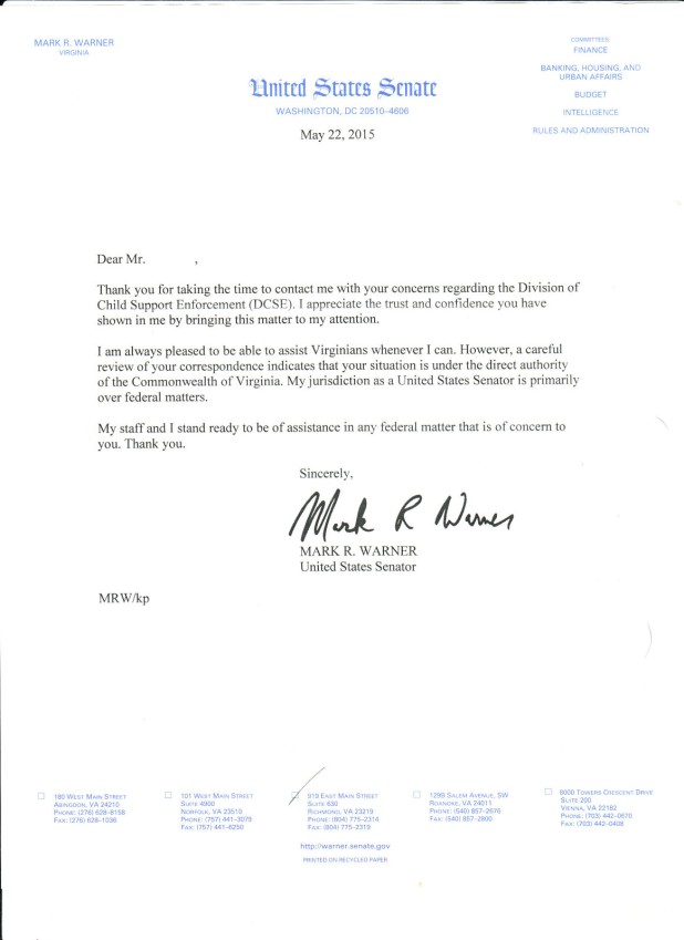 Letter From Senator of Virginia Mark Warner - Mark Warner Virginia State Senator