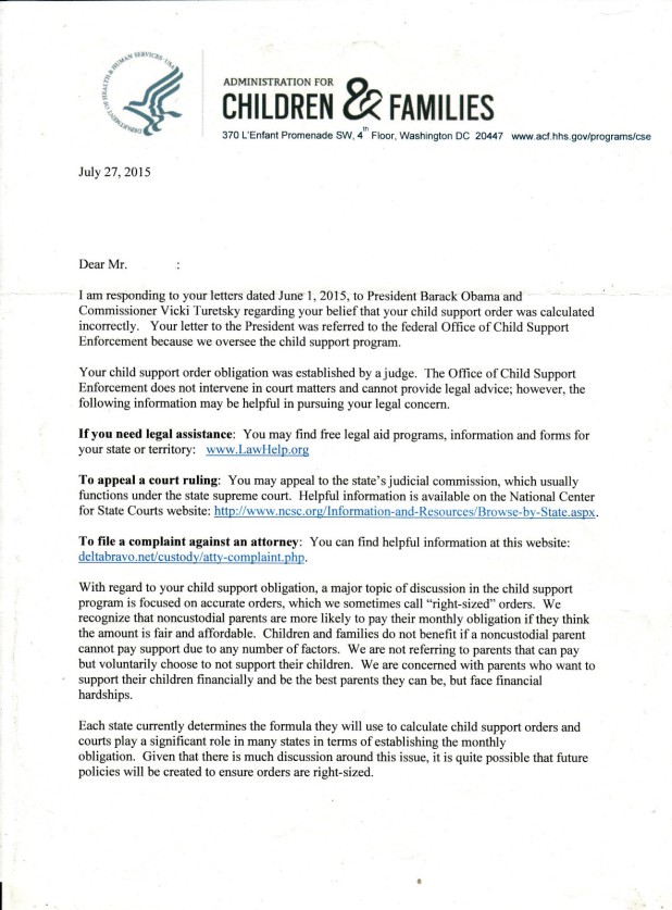 Reply Letter From The United States President Barack Obama and Vicki Turetsky The Federal Goverment Commissioner of Child Support Enforcement in Washington D.C.