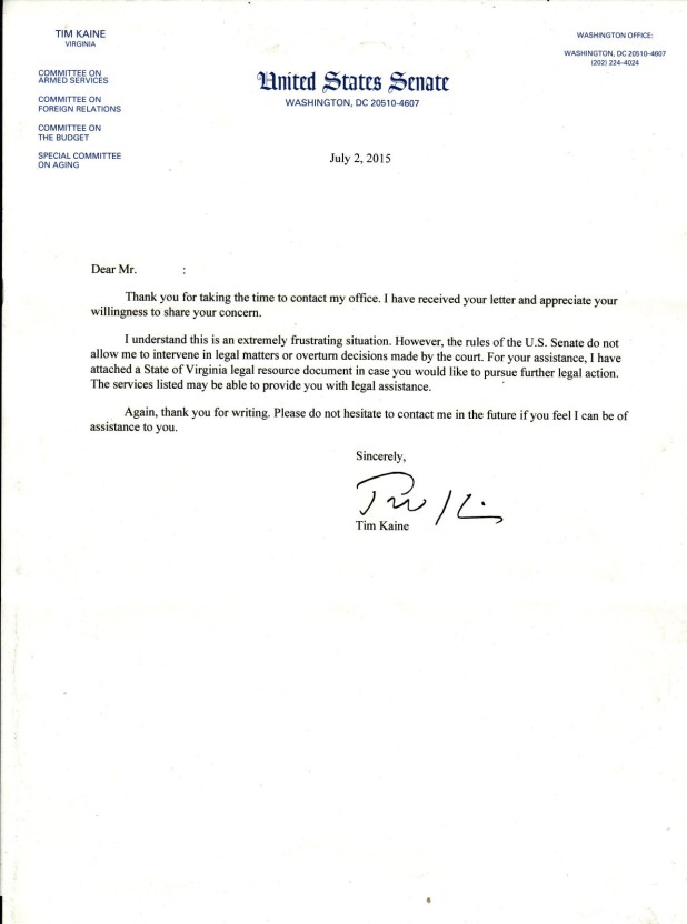 Letter From Virginia State Senator Tim Kaine - Senator of Virginia Tim Kaine